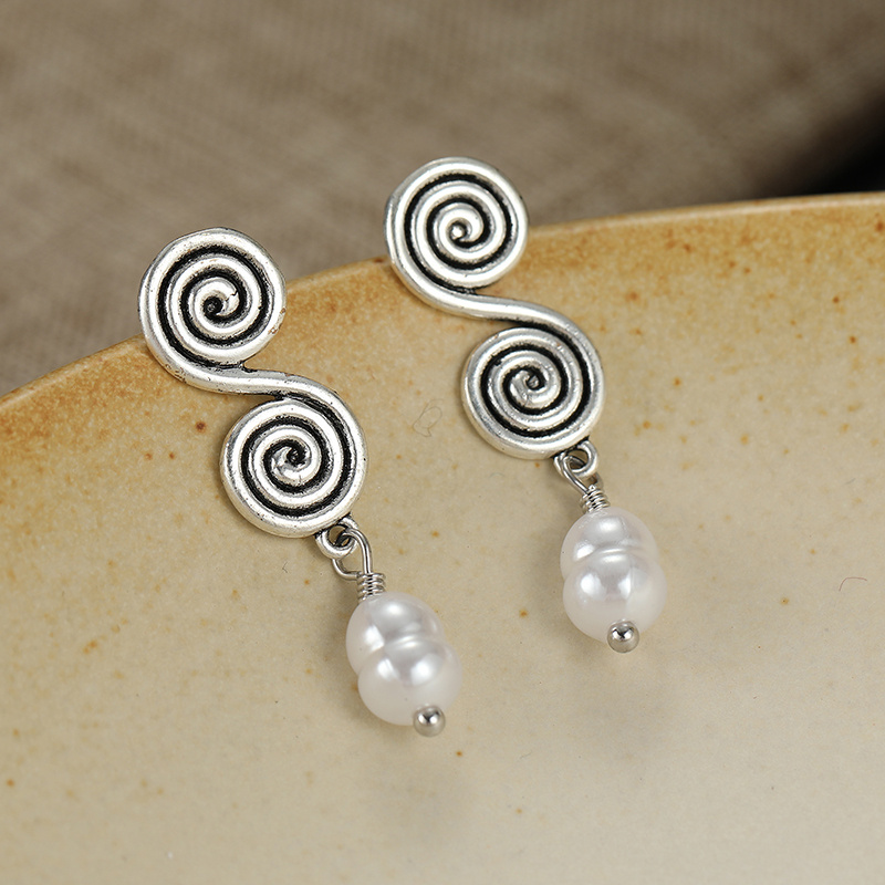 Women's Elegant Retro Double Spiral Dangle Earrings, Bohemian Style
